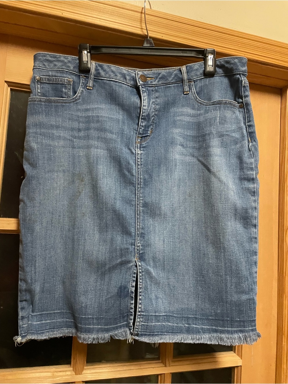 a.n.a Blue Denim Pencil Skirt with Frayed Hem